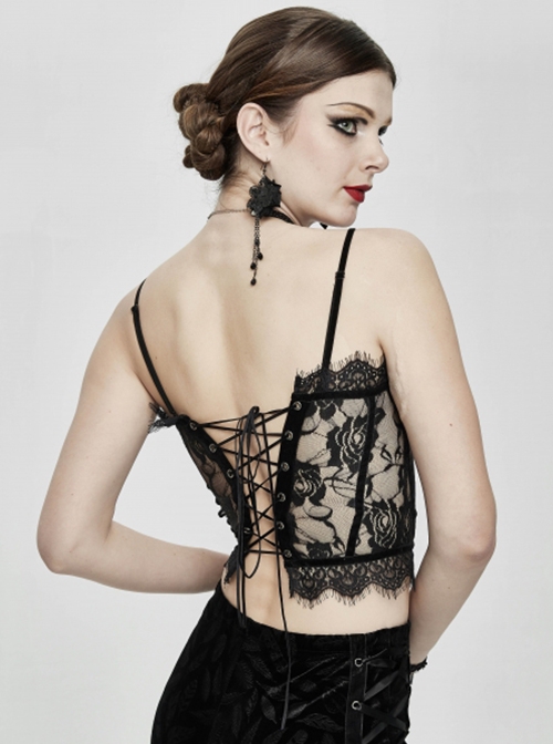 Gothic Style Sexy Velvet Splicing Hollow Lace Back Adjustable Straps Black Micro-Transparent Suspender Corset