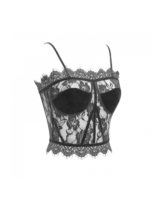 Gothic Style Sexy Velvet Splicing Hollow Lace Back Adjustable Straps Black Micro-Transparent Suspender Corset