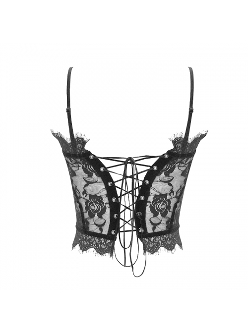 Gothic Style Sexy Velvet Splicing Hollow Lace Back Adjustable Straps Black Micro-Transparent Suspender Corset