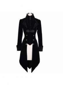 Gothic Style Elegant Velvet Collar Embroidery With Exquisite Carved Buttons Black Swallowtail Jacket