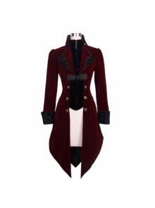 Gothic Style Elegant Velvet Collar Embroidery With Exquisite Carved Buttons Black And Red Swallowtail Jacket