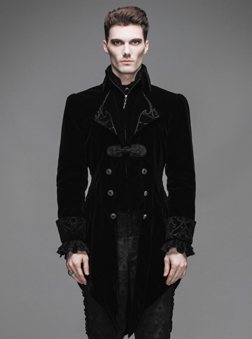 Gothic Style Elegant Velvet Collar Embroidery With Exquisite Carved Buttons Black Men's Swallowtail Jacket
