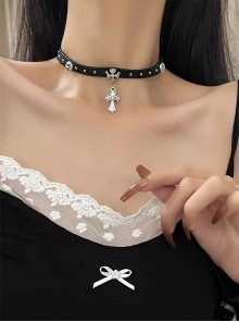 Cool Subculture Versatile Gothic Punk Dark Black Cross  Pendant Leather Strap Choker Necklace