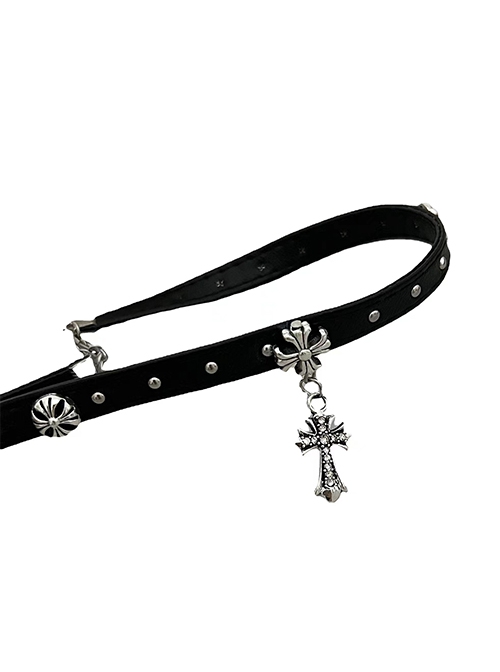 Cool Subculture Versatile Gothic Punk Dark Black Cross  Pendant Leather Strap Choker Necklace