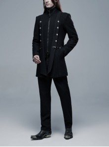 Punk Style Stand Collar Waist Disassembled Button Loop Wool Material Elegant Black Long Sleeves Male Coat
