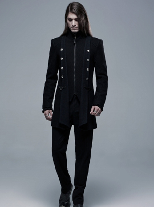 Punk Style Stand Collar Waist Disassembled Button Loop Wool Material Elegant Black Long Sleeves Male Coat