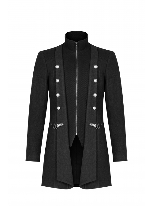 Punk Style Stand Collar Waist Disassembled Button Loop Wool Material Elegant Black Long Sleeves Male Coat