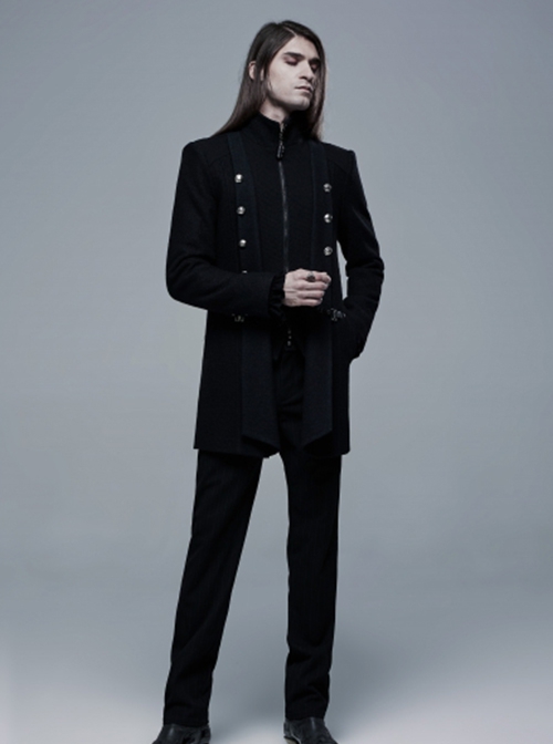 Punk Style Stand Collar Waist Disassembled Button Loop Wool Material Elegant Black Long Sleeves Male Coat