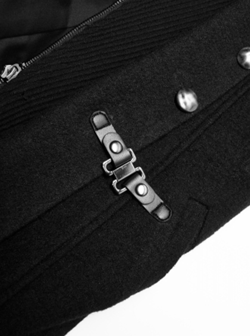 Punk Style Stand Collar Waist Disassembled Button Loop Wool Material Elegant Black Long Sleeves Male Coat