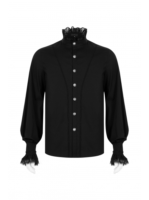 Gothic Style Elegant Stand Collar Embroidered Ribbon Delicate Lace Unique Metal Button Retro Black Long Sleeves Shirt