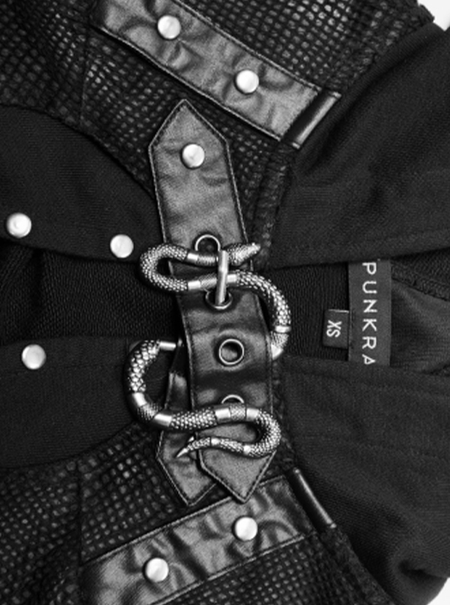 Punk Style Cool Metal Cross Chain Mysterious Leather Loops With Snake Shaped Buckle Black Long Sleeves Hooded Coat