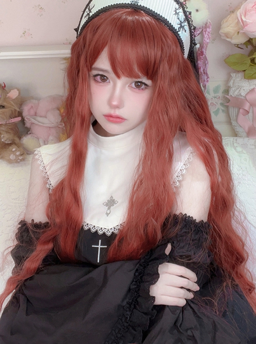 Waltz Series Witch Pumpkin Orange Red Wave Wool Rolls Long Hair Flat Bangs Sweet Lolita Full Head Wig