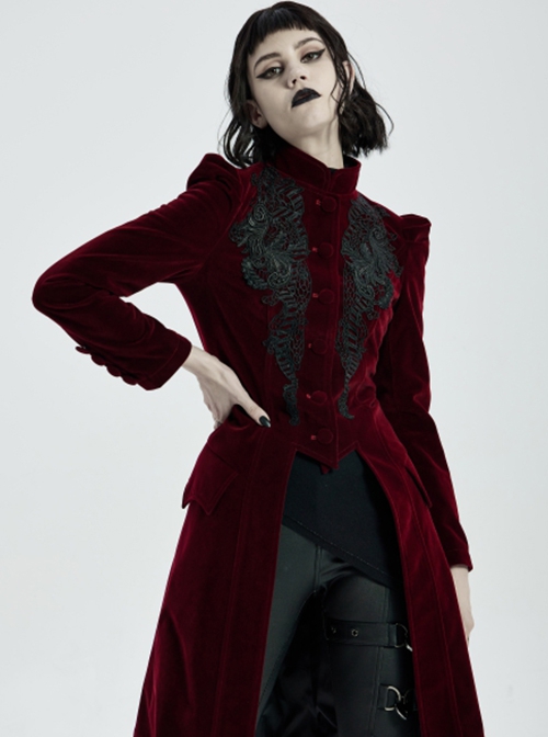 Gothic Style Elegant Stand Collar Luxury Velvet Exquisite Embroidery Vintage Red Long Sleeves Slim Coat