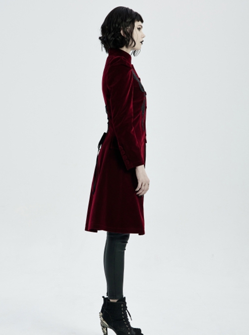 Gothic Style Elegant Stand Collar Luxury Velvet Exquisite Embroidery Vintage Red Long Sleeves Slim Coat