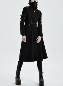 Punk Style Stand Collar Cool Apocalyptic Style Cracked Leather Five Pointed Star Buckle Black Long Sleeves Slim Coat