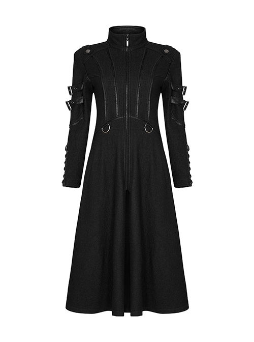 Punk Style Stand Collar Cool Apocalyptic Style Cracked Leather Five Pointed Star Buckle Black Long Sleeves Slim Coat