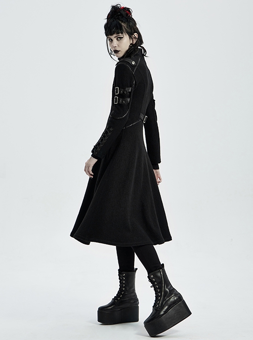 Punk Style Stand Collar Cool Apocalyptic Style Cracked Leather Five Pointed Star Buckle Black Long Sleeves Slim Coat