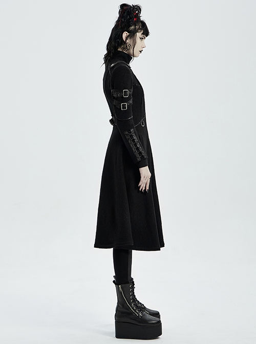 Punk Style Stand Collar Cool Apocalyptic Style Cracked Leather Five Pointed Star Buckle Black Long Sleeves Slim Coat