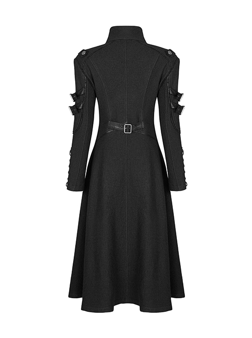 Punk Style Stand Collar Cool Apocalyptic Style Cracked Leather Five Pointed Star Buckle Black Long Sleeves Slim Coat