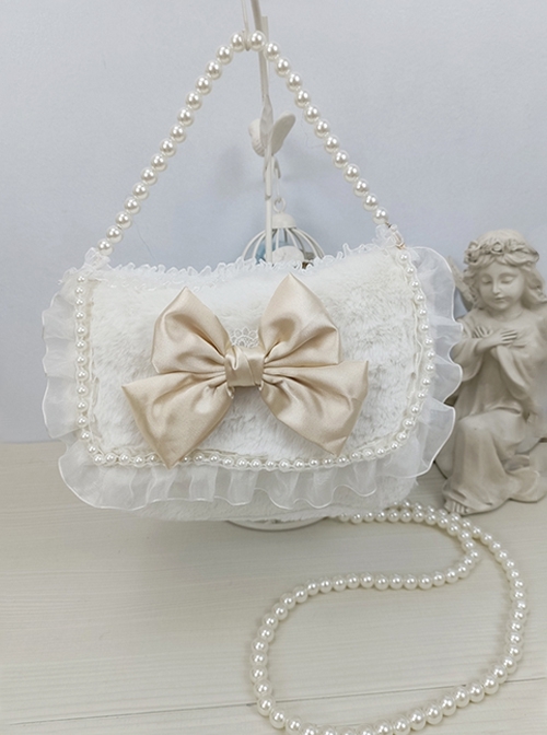 Fantasy Tea Party Elegant Plush Lace Kawaii Large Bowknot Pearl Chain Classic Lolita Crossbody Handbag