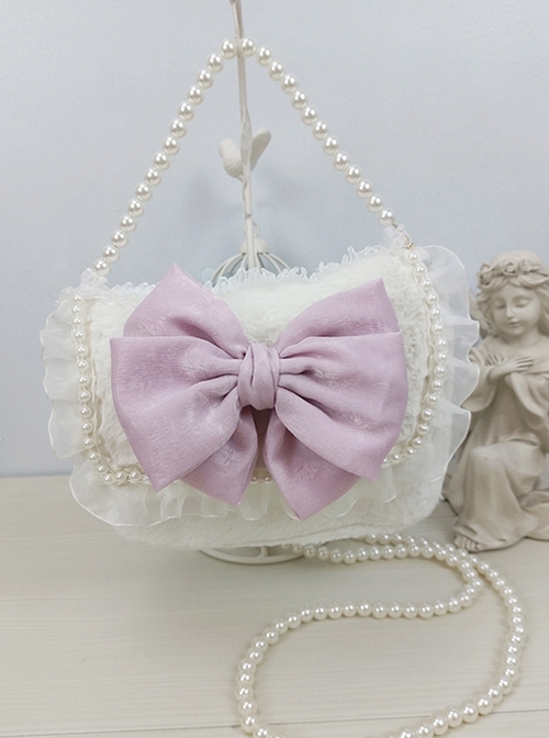 Fantasy Tea Party Elegant Plush Lace Kawaii Large Bowknot Pearl Chain Classic Lolita Crossbody Handbag