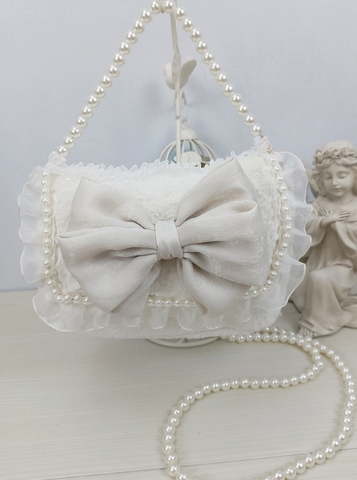 Fantasy Tea Party Elegant Plush Lace Kawaii Large Bowknot Pearl Chain Classic Lolita Crossbody Handbag