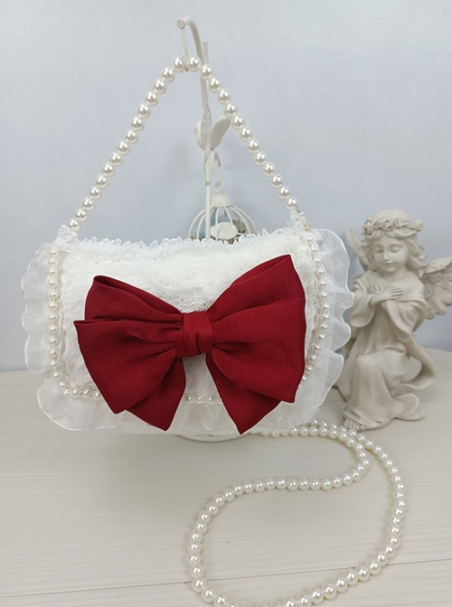 Fantasy Tea Party Elegant Plush Lace Kawaii Large Bowknot Pearl Chain Classic Lolita Crossbody Handbag