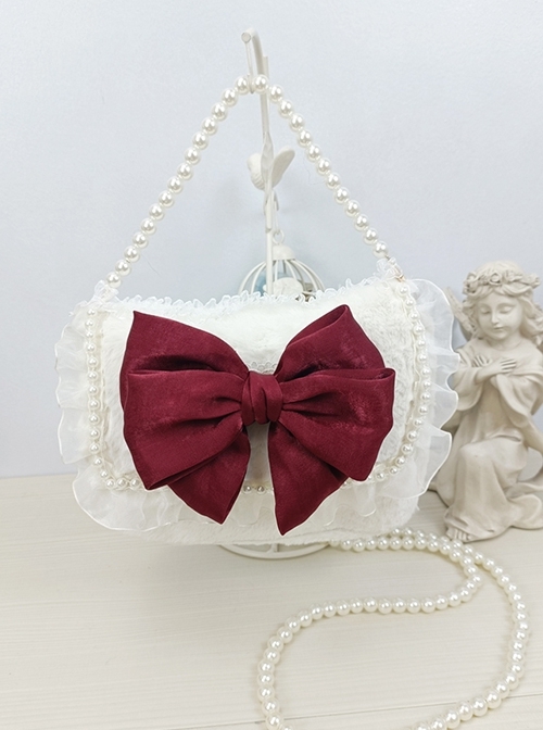 Fantasy Tea Party Elegant Plush Lace Kawaii Large Bowknot Pearl Chain Classic Lolita Crossbody Handbag