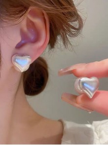 Stylish Elegant Versatile White Rounded Lustrous Classic Lolita Heart Shape Imitative Pearl Button Earrings