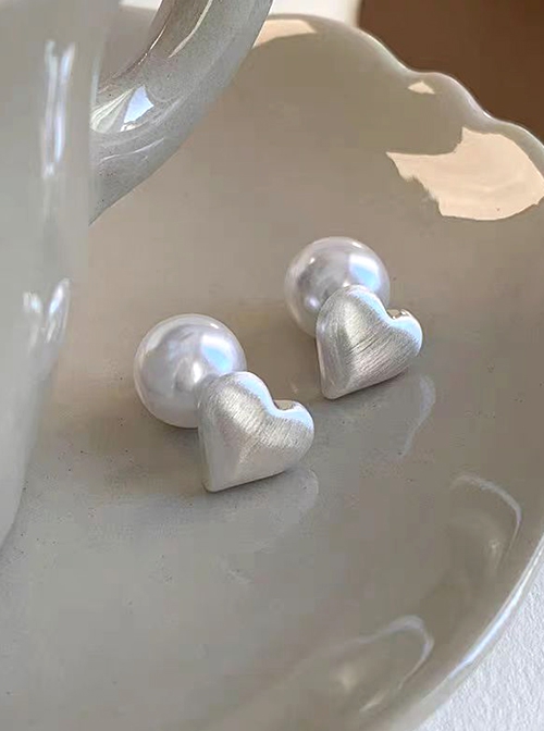 Stylish Elegant Versatile White Rounded Lustrous Classic Lolita Heart Shape Imitative Pearl Button Earrings