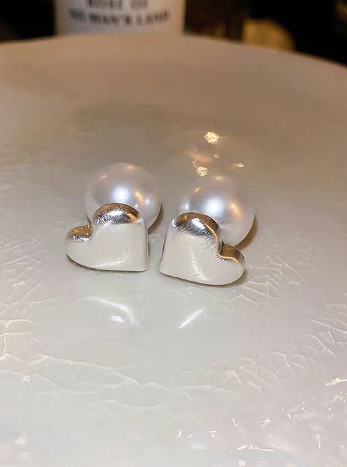 Stylish Elegant Versatile White Rounded Lustrous Classic Lolita Heart Shape Imitative Pearl Button Earrings