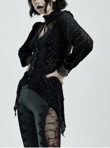 Gothic Style Burnt Flocking Knit Fabric Retro Gemstone Buttons Sexy Mesh Splicing Black Long Sleeves Blouse