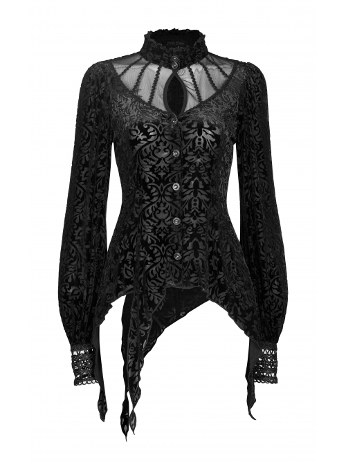 Gothic Style Burnt Flocking Knit Fabric Retro Gemstone Buttons Sexy Mesh Splicing Black Long Sleeves Blouse