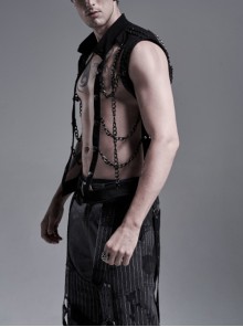 Punk Style Stand Collar Elastic Twill Fabric Handsome Metal Chain Link Sexy Hollow Rebellious Black Male Vest