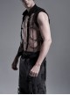 Punk Style Stand Collar Elastic Twill Fabric Handsome Metal Chain Link Sexy Hollow Rebellious Black Male Vest