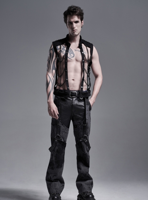 Punk Style Stand Collar Elastic Twill Fabric Handsome Metal Chain Link Sexy Hollow Rebellious Black Male Vest