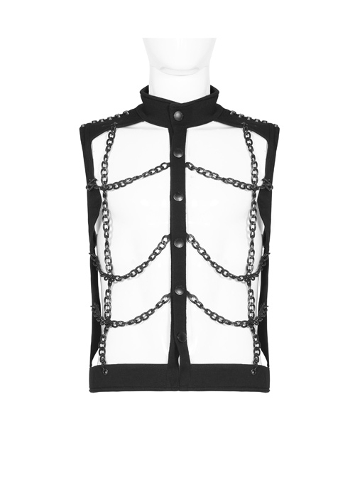 Punk Style Stand Collar Elastic Twill Fabric Handsome Metal Chain Link Sexy Hollow Rebellious Black Male Vest