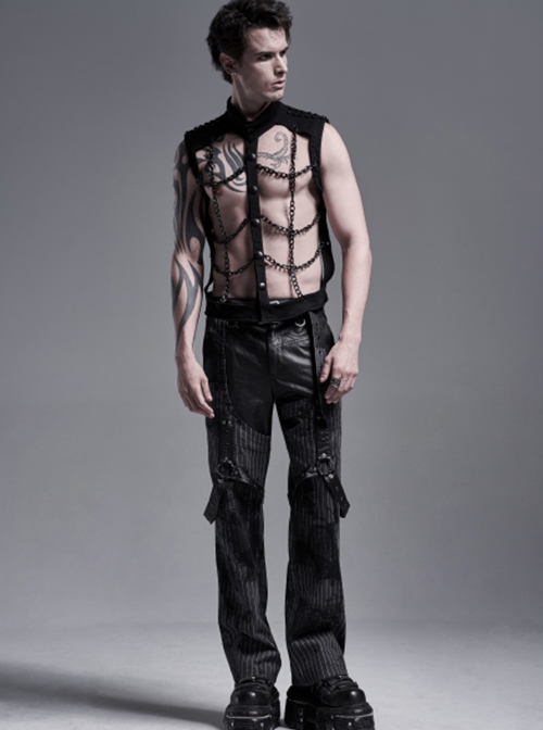 Punk Style Stand Collar Elastic Twill Fabric Handsome Metal Chain Link Sexy Hollow Rebellious Black Male Vest