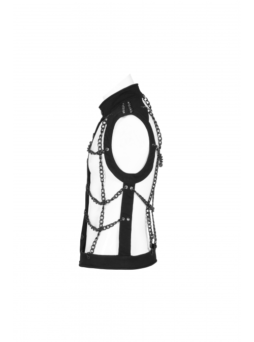 Punk Style Stand Collar Elastic Twill Fabric Handsome Metal Chain Link Sexy Hollow Rebellious Black Male Vest