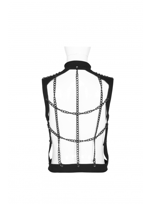 Punk Style Stand Collar Elastic Twill Fabric Handsome Metal Chain Link Sexy Hollow Rebellious Black Male Vest