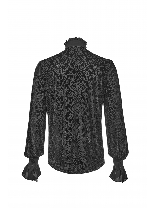 Gothic Style Elegant Stand Collar Gorgeous Velvet Dark Pattern Retro Metal Button Ruffle Black Long Sleeves Shirt