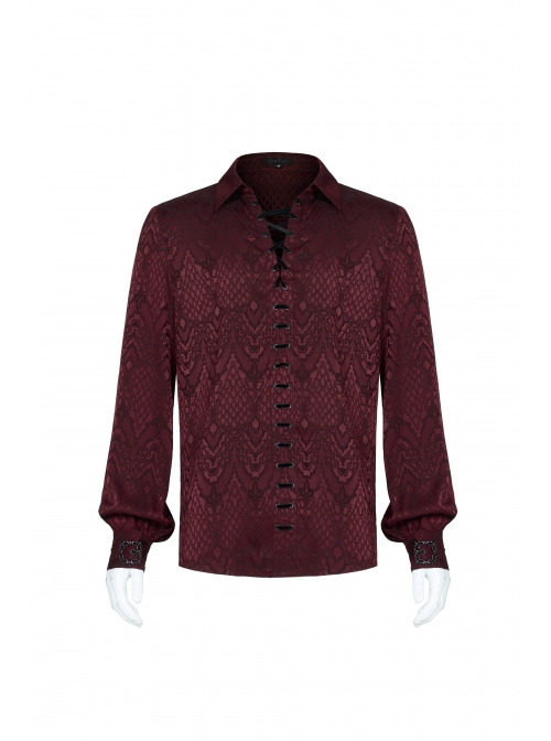 Gothic Style Lapel Exquisite Metal Carved Button Elegant Jacquard Fabric Retro Wine Red Long Sleeves Shirt