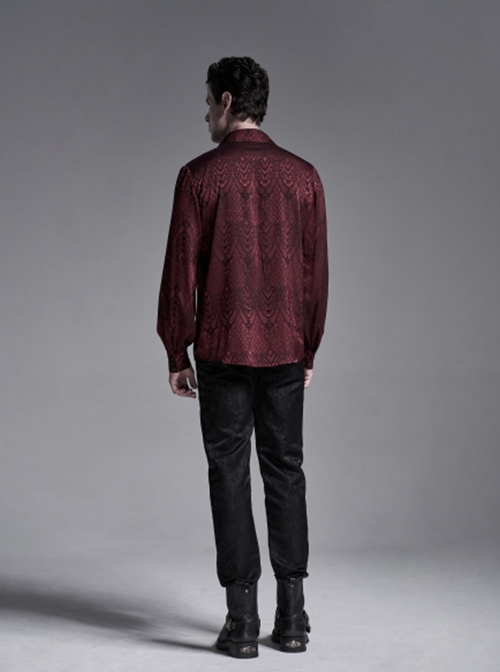 Gothic Style Lapel Exquisite Metal Carved Button Elegant Jacquard Fabric Retro Wine Red Long Sleeves Shirt