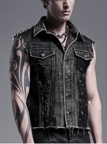 Punk Style Handsome Metal Spiked Rivets Ripped Mesh Splicing Old Effect Retro Decadent Black Denim Vest