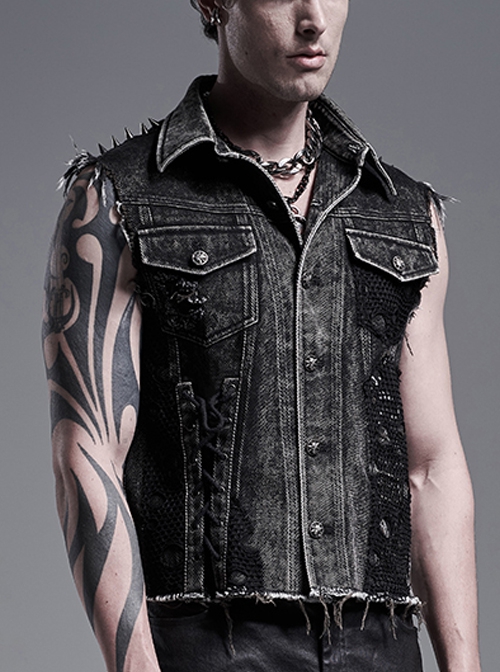 Punk Style Handsome Metal Spiked Rivets Ripped Mesh Splicing Old Effect Retro Decadent Black Denim Vest