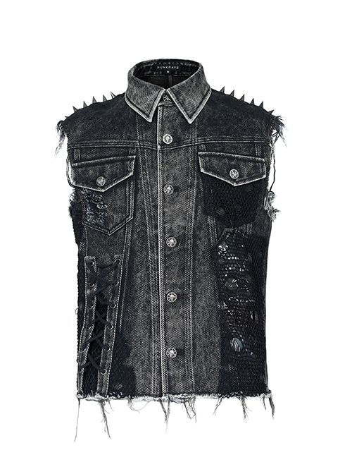 Punk Style Handsome Metal Spiked Rivets Ripped Mesh Splicing Old Effect Retro Decadent Black Denim Vest