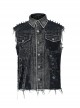 Punk Style Handsome Metal Spiked Rivets Ripped Mesh Splicing Old Effect Retro Decadent Black Denim Vest