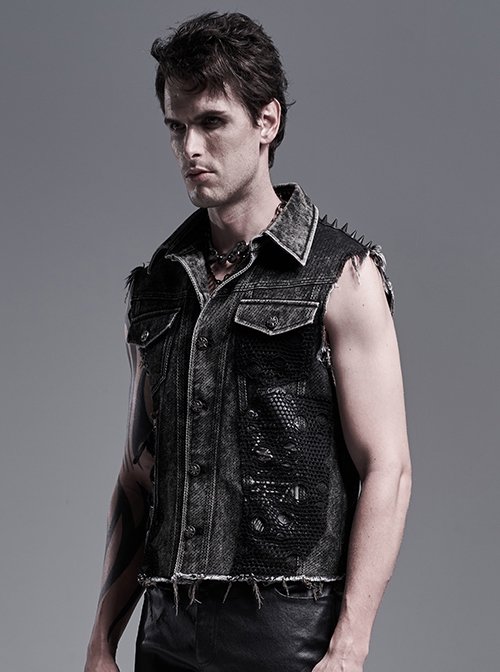 Punk Style Handsome Metal Spiked Rivets Ripped Mesh Splicing Old Effect Retro Decadent Black Denim Vest