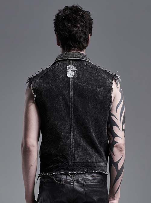 Punk Style Handsome Metal Spiked Rivets Ripped Mesh Splicing Old Effect Retro Decadent Black Denim Vest