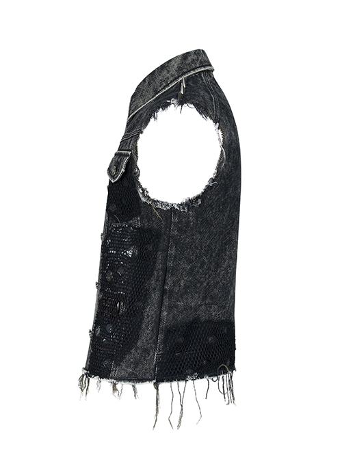 Punk Style Handsome Metal Spiked Rivets Ripped Mesh Splicing Old Effect Retro Decadent Black Denim Vest